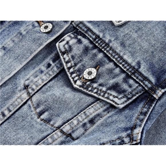 Women's Embroidered Rivet Pearl Short Denim Jacket Coat Snowflake Blue - Picture 4 of 5